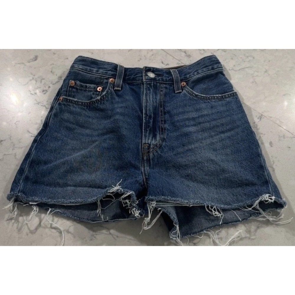 Levis Premium Ribcage Denim Shorts Womens 25 Blue High Rise Cutoff Frayed Hem